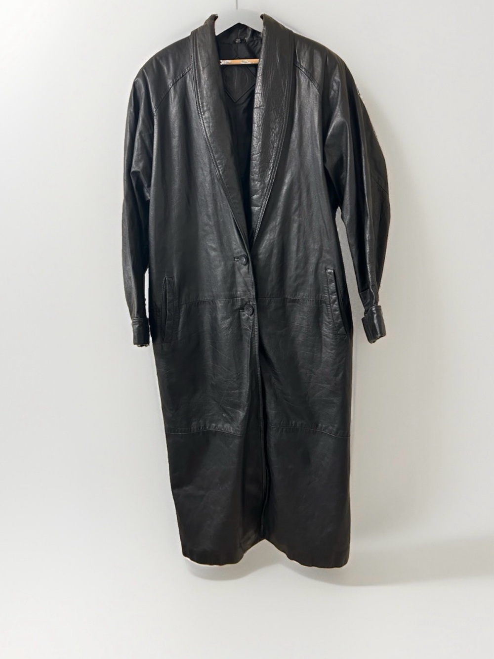 VTG 80s Jacqueline Ferreira Black Leather Maxi Trench Coat 10 T Mob Wife Goth